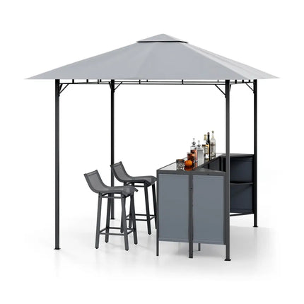 3-Piece Patio Bar Set 8 x 8 FT Double-Tier Grill Gazebo with 2 Bar Stools-Gray - Gray - Patio Bar Furniture