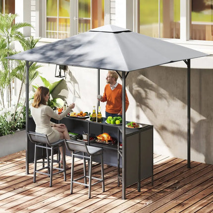 3-Piece Patio Bar Set 8 x 8 FT Double-Tier Grill Gazebo with 2 Bar Stools-Gray - Gray - Patio Bar Furniture