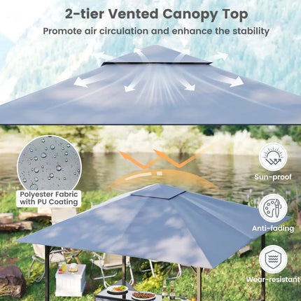 3-Piece Patio Bar Set 8 x 8 FT Double-Tier Grill Gazebo with 2 Bar Stools-Gray - Gray - Patio Bar Furniture