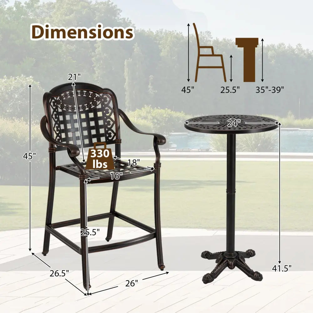 3 Piece Patio Bar Set Outdoor Cast Aluminum Round High Top Table 2 Counter Height Bar Stools - Patio Bar Furniture