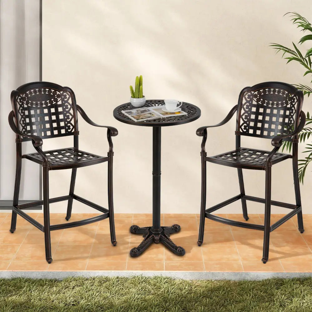 3 Piece Patio Bar Set Outdoor Cast Aluminum Round High Top Table 2 Counter Height Bar Stools - Patio Bar Furniture