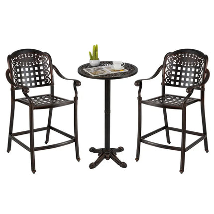 3 Piece Patio Bar Set Outdoor Cast Aluminum Round High Top Table 2 Counter Height Bar Stools - Oasis Home Essentials
