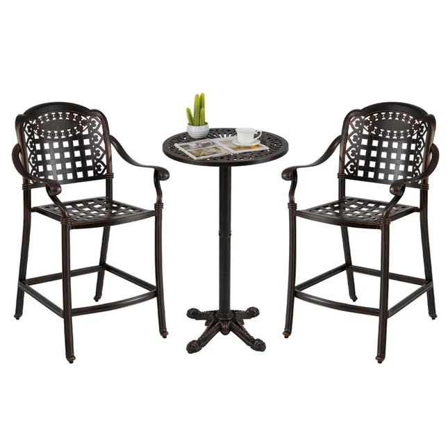 3 Piece Patio Bar Set Outdoor Cast Aluminum Round High Top Table 2 Counter Height Bar Stools - Oasis Home Essentials