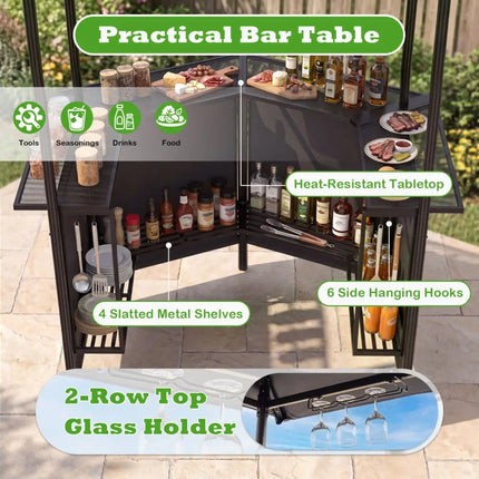 3-Piece Patio Bar Set Outdoor Grill Gazebo and 2 Folding Bar Stools-Black - Black - Patio Bar Furniture