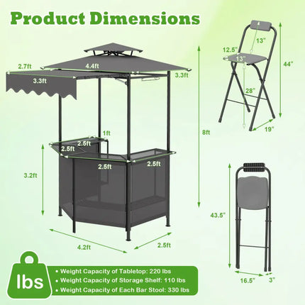 3-Piece Patio Bar Set Outdoor Grill Gazebo and 2 Folding Bar Stools-Black - Black - Patio Bar Furniture