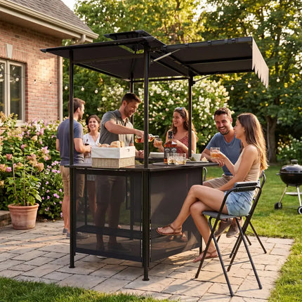 3-Piece Patio Bar Set Outdoor Grill Gazebo and 2 Folding Bar Stools-Black - Black - Patio Bar Furniture