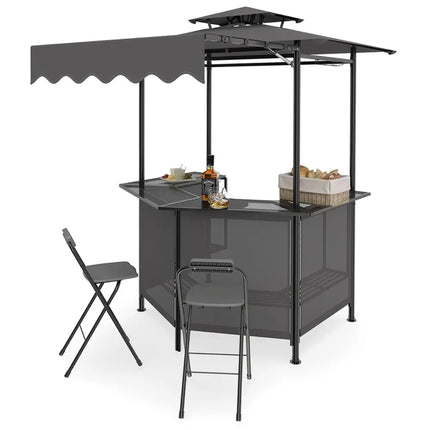 3-Piece Patio Bar Set Outdoor Grill Gazebo and 2 Folding Bar Stools-Black - Black - Patio Bar Furniture