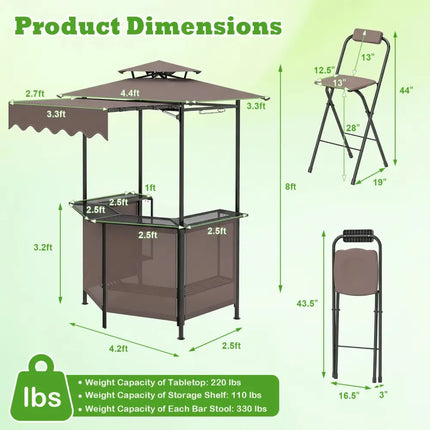 3-Piece Patio Bar Set Outdoor Grill Gazebo and 2 Folding Bar Stools-Brown - Brown - Patio Bar Furniture
