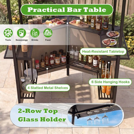 3-Piece Patio Bar Set Outdoor Grill Gazebo and 2 Folding Bar Stools-Brown - Brown - Patio Bar Furniture