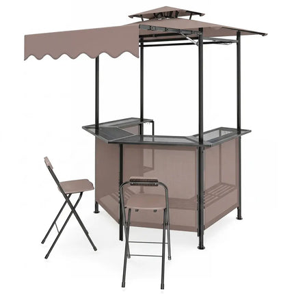 3-Piece Patio Bar Set Outdoor Grill Gazebo and 2 Folding Bar Stools-Brown - Brown - Patio Bar Furniture