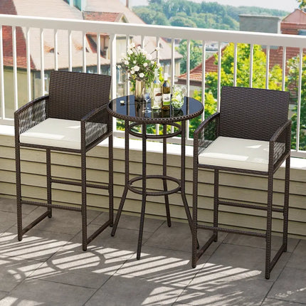3 Piece Patio Bar Set Outdoor Wicker Bar Height Round Table and Armchairs-White - White - Patio Bar Furniture