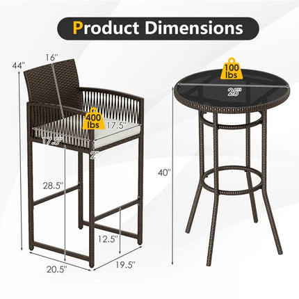 3 Piece Patio Bar Set Outdoor Wicker Bar Height Round Table and Armchairs-White - White - Patio Bar Furniture