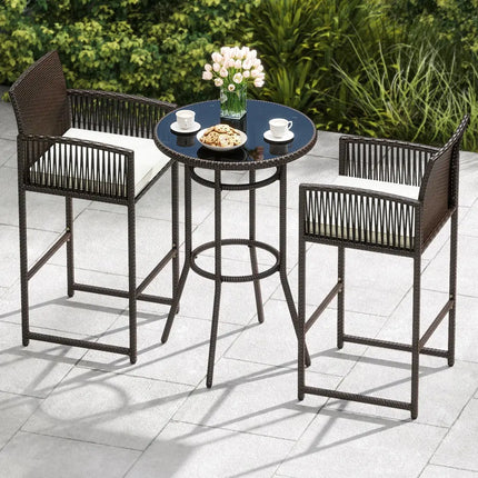 3 Piece Patio Bar Set Outdoor Wicker Bar Height Round Table and Armchairs-White - White - Patio Bar Furniture
