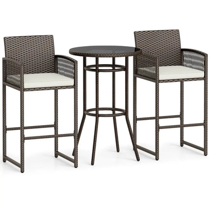 3 Piece Patio Bar Set Outdoor Wicker Bar Height Round Table and Armchairs-White - White - Patio Bar Furniture