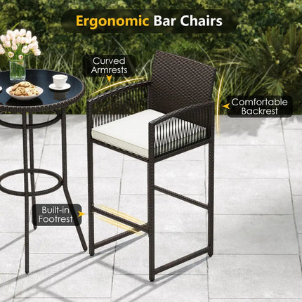 3 Piece Patio Bar Set Outdoor Wicker Bar Height Round Table and Armchairs-White - White - Patio Bar Furniture