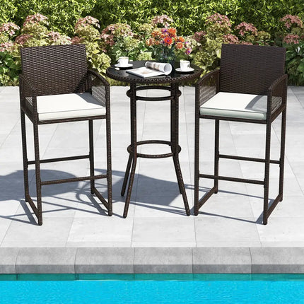 3 Piece Patio Bar Set Outdoor Wicker Bar Height Round Table and Armchairs-White - White - Patio Bar Furniture