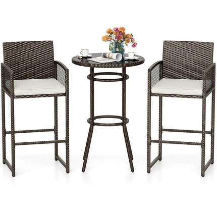 3 Piece Patio Bar Set Outdoor Wicker Bar Height Round Table and Armchairs-White - White - Patio Bar Furniture
