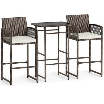 3 Piece Patio Bar Set Outdoor Wicker Bar Height Table and Armchairs with 2 Seat Cushions-White - White - Patio