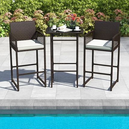 3 Piece Patio Bar Set Outdoor Wicker Bar Height Table and Armchairs with 2 Seat Cushions-White - White - Patio