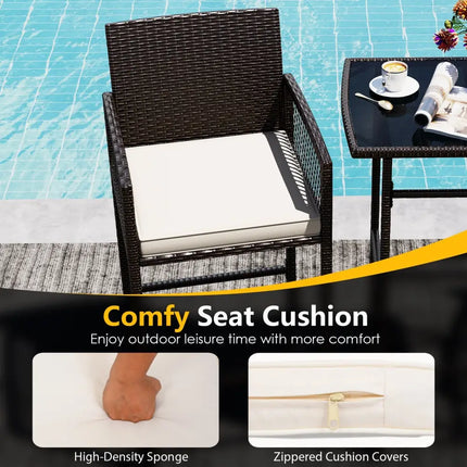 3 Piece Patio Bar Set Outdoor Wicker Bar Height Table and Armchairs with 2 Seat Cushions-White - White - Patio
