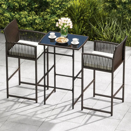 3 Piece Patio Bar Set Outdoor Wicker Bar Height Table and Armchairs with 2 Seat Cushions-White - White - Patio