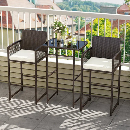 3 Piece Patio Bar Set Outdoor Wicker Bar Height Table and Armchairs with 2 Seat Cushions-White - White - Patio