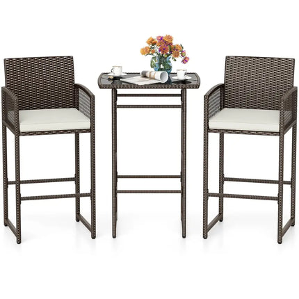 3 Piece Patio Bar Set Outdoor Wicker Bar Height Table and Armchairs with 2 Seat Cushions-White - White - Patio