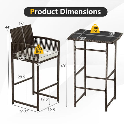 3 Piece Patio Bar Set Outdoor Wicker Bar Height Table and Armchairs with 2 Seat Cushions-White - White - Patio
