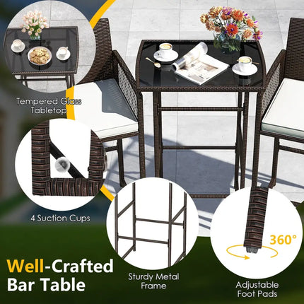 3 Piece Patio Bar Set Outdoor Wicker Bar Height Table and Armchairs with 2 Seat Cushions-White - White - Patio