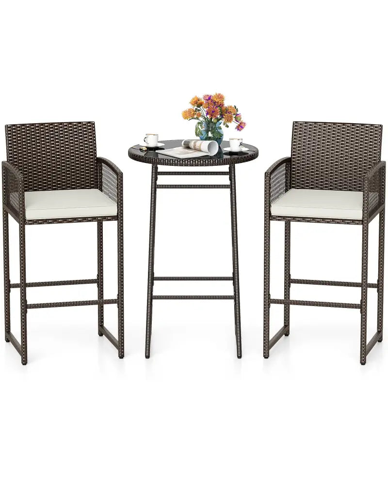 3 Piece Patio Bar Set Outdoor Wicker Bar Height Table and Armchairs-White - White - Patio Bar Furniture