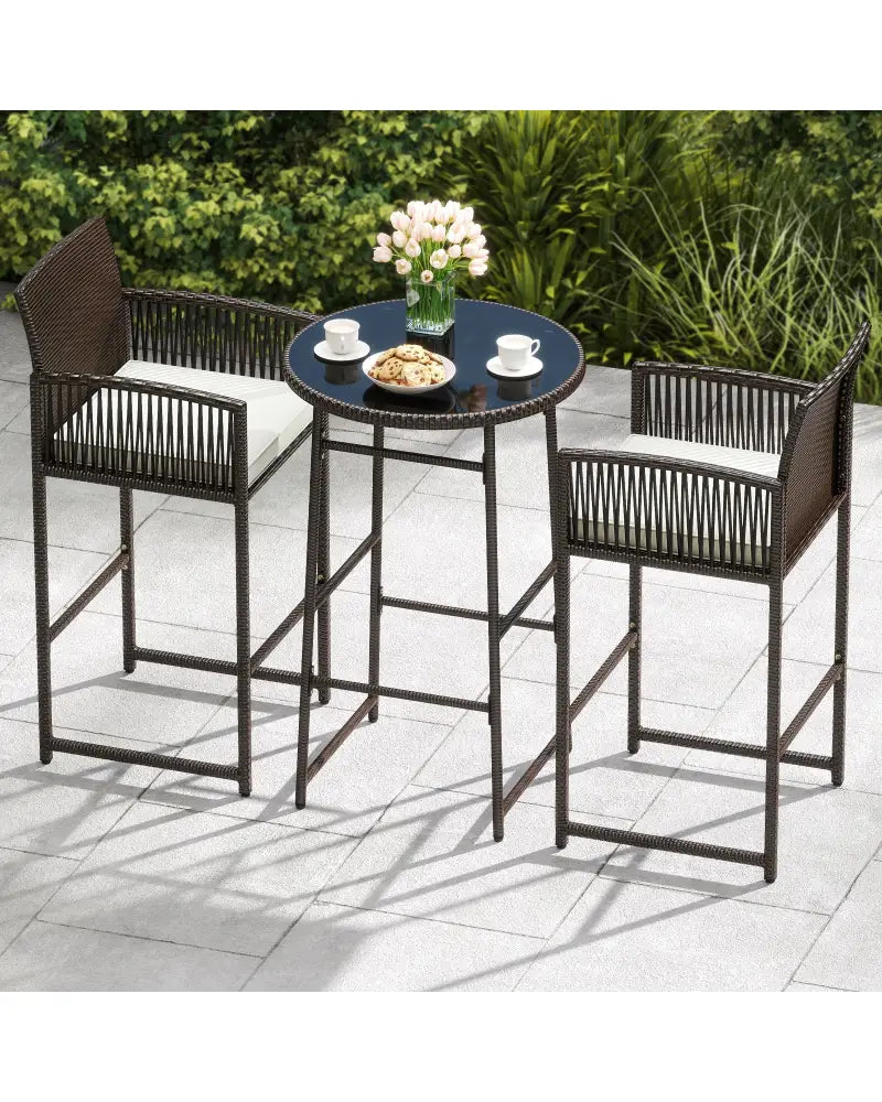 3 Piece Patio Bar Set Outdoor Wicker Bar Height Table and Armchairs-White - White - Patio Bar Furniture