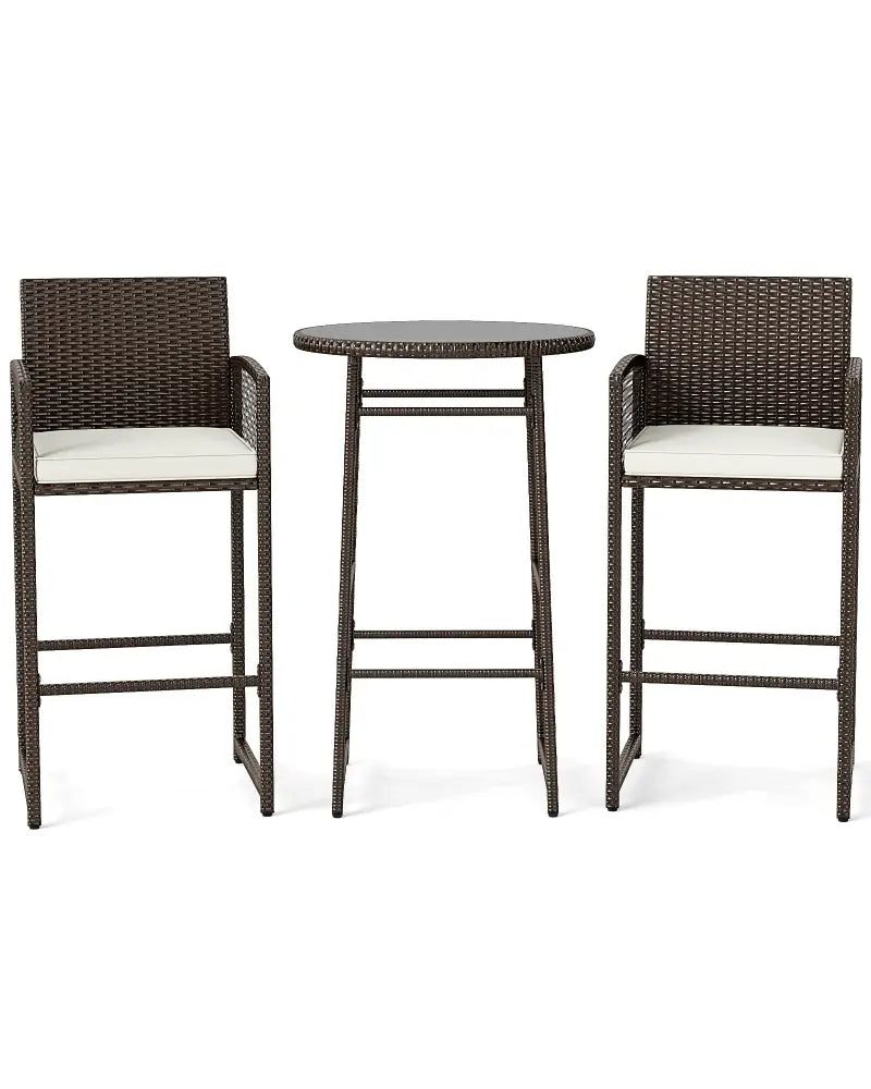 3 Piece Patio Bar Set Outdoor Wicker Bar Height Table and Armchairs-White - White - Patio Bar Furniture
