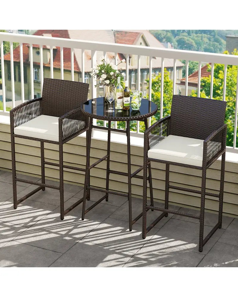3 Piece Patio Bar Set Outdoor Wicker Bar Height Table and Armchairs-White - White - Patio Bar Furniture