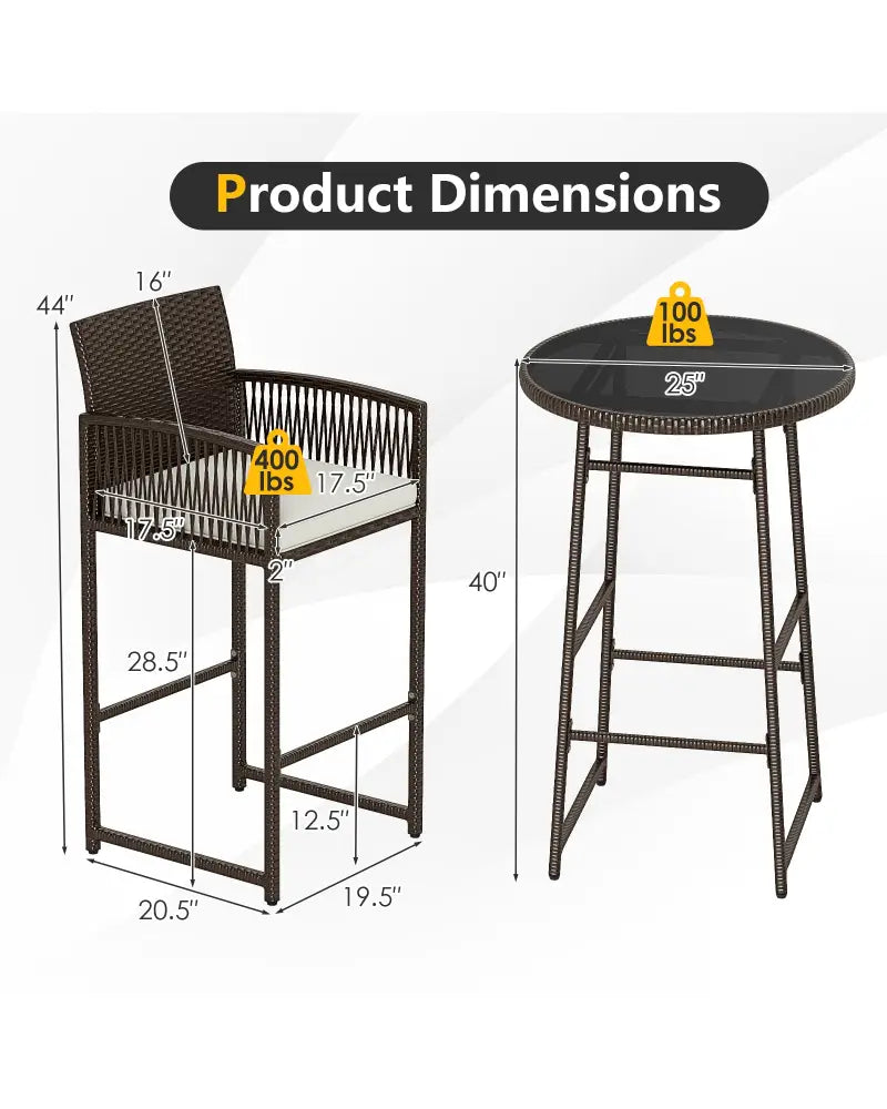3 Piece Patio Bar Set Outdoor Wicker Bar Height Table and Armchairs-White - White - Patio Bar Furniture