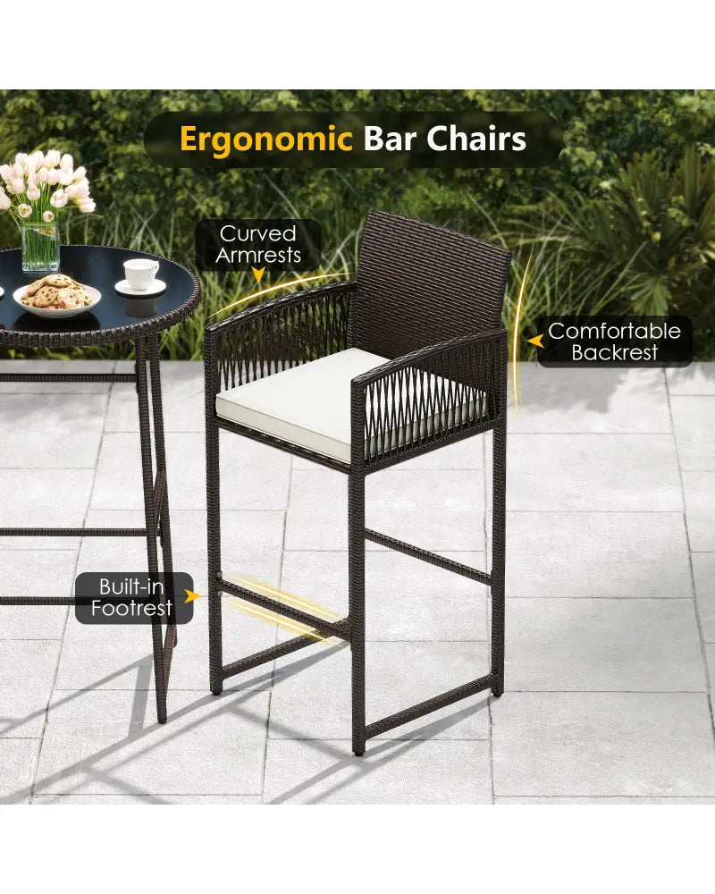 3 Piece Patio Bar Set Outdoor Wicker Bar Height Table and Armchairs-White - White - Patio Bar Furniture
