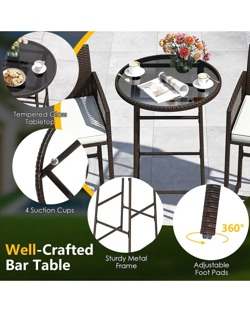 3 Piece Patio Bar Set Outdoor Wicker Bar Height Table and Armchairs-White - White - Patio Bar Furniture