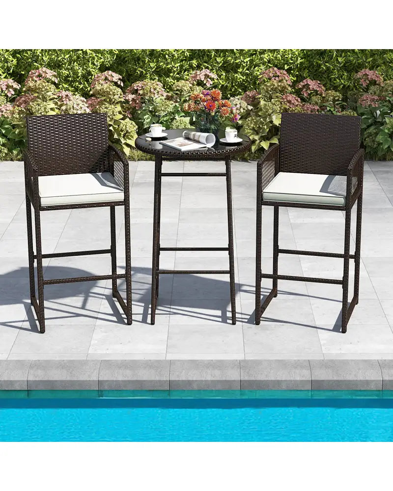 3 Piece Patio Bar Set Outdoor Wicker Bar Height Table and Armchairs-White - White - Patio Bar Furniture