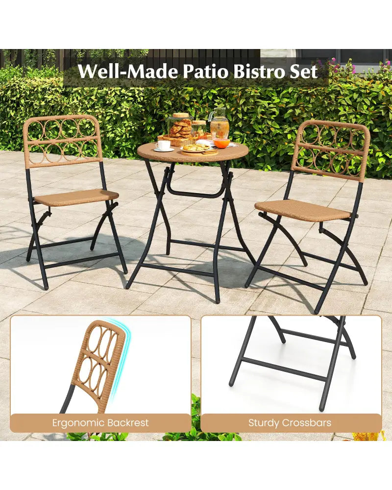 3 Piece Patio Bistro Set Folding Round Table and Chairs with Wicker Seat - Patio Conversation Sets