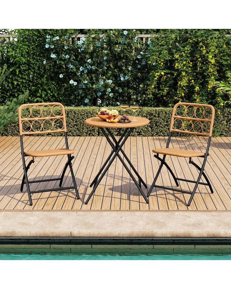 3 Piece Patio Bistro Set Folding Round Table and Chairs with Wicker Seat - Patio Conversation Sets