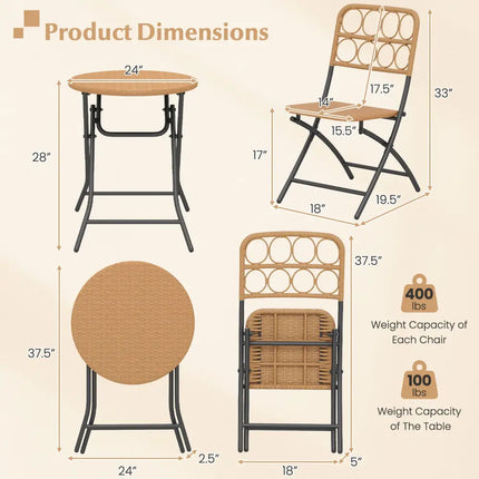 3 Piece Patio Bistro Set Folding Round Table and Chairs with Wicker Seat - Patio Conversation Sets