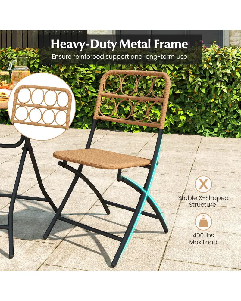 3 Piece Patio Bistro Set Folding Round Table and Chairs with Wicker Seat - Patio Conversation Sets