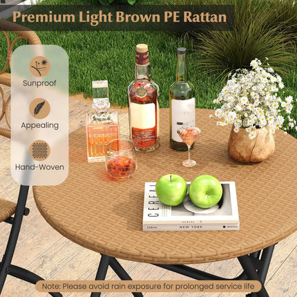 3 Piece Patio Bistro Set Folding Round Table and Chairs with Wicker Seat - Patio Conversation Sets