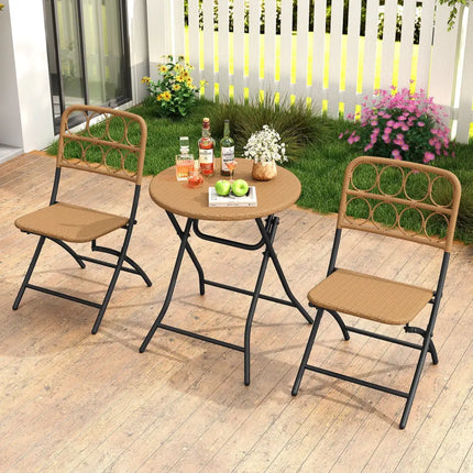 3 Piece Patio Bistro Set Folding Round Table and Chairs with Wicker Seat - Patio Conversation Sets
