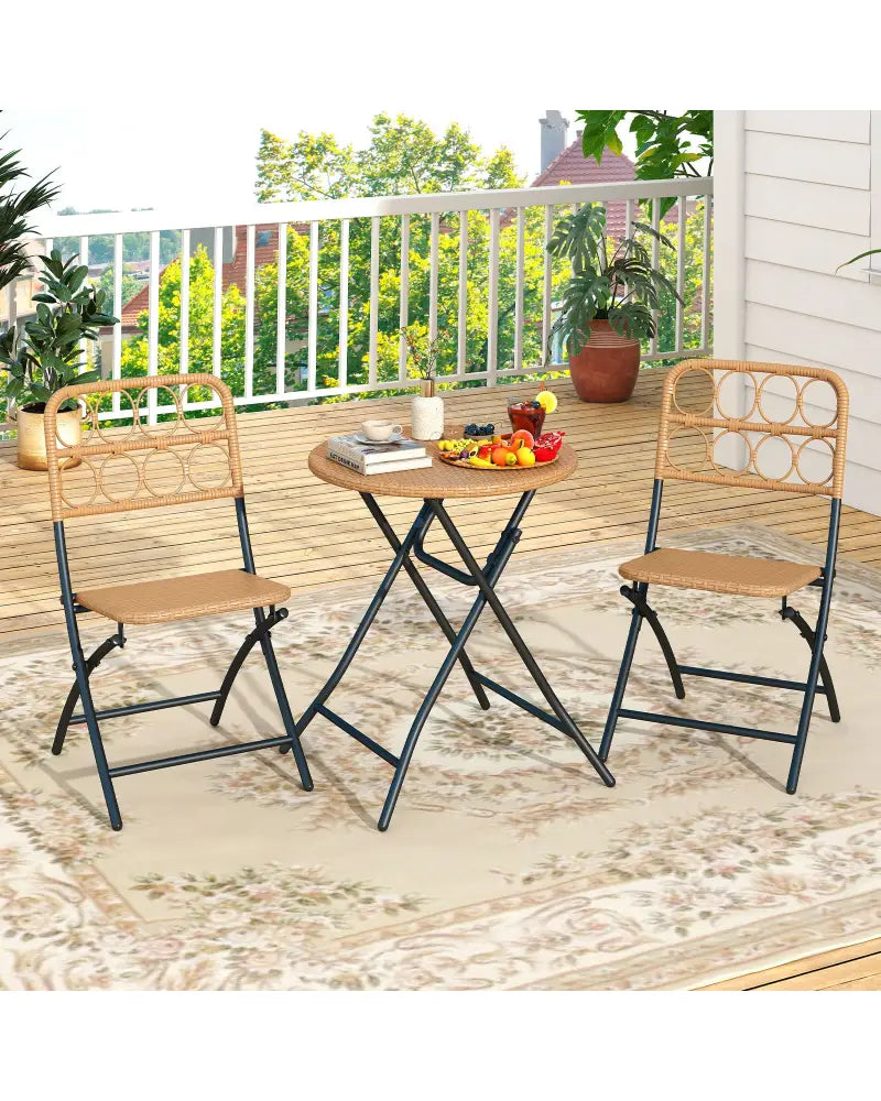 3 Piece Patio Bistro Set Folding Round Table and Chairs with Wicker Seat - Patio Conversation Sets