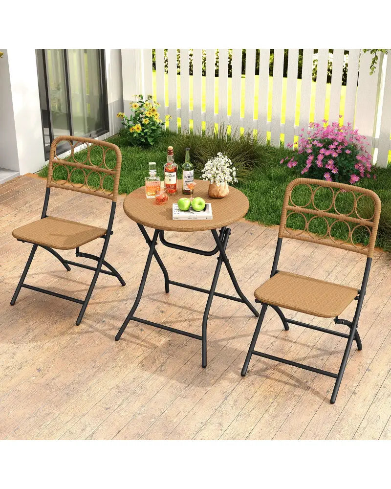 3 Piece Patio Bistro Set Folding Round Table and Chairs with Wicker Seat - Patio Conversation Sets