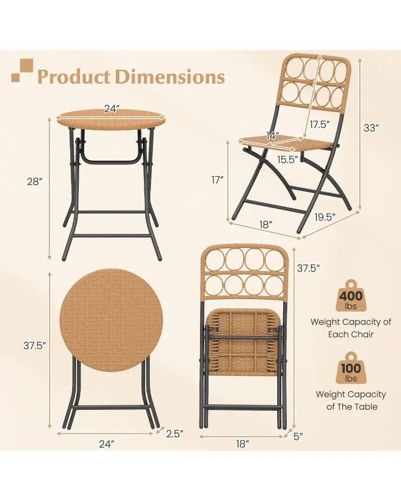 3 Piece Patio Bistro Set Folding Round Table and Chairs with Wicker Seat - Patio Conversation Sets