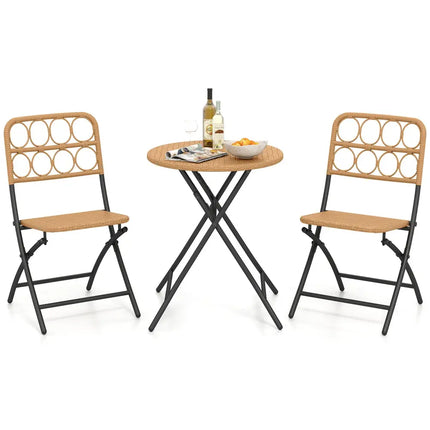3 Piece Patio Bistro Set Folding Round Table and Chairs with Wicker Seat - Patio Conversation Sets