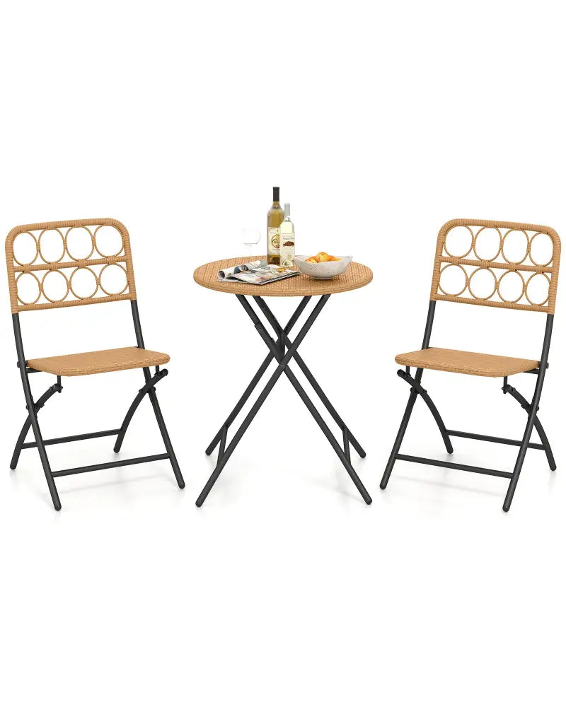 3 Piece Patio Bistro Set Folding Round Table and Chairs with Wicker Seat - Patio Conversation Sets