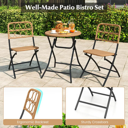 3 Piece Patio Bistro Set Folding Round Table and Chairs with Wicker Seat - Patio Conversation Sets