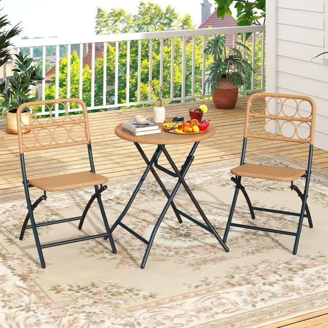 3 Piece Patio Bistro Set Folding Round Table and Chairs with Wicker Seat - Patio Conversation Sets
